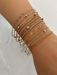 10/5pcs Gold & Silver Minimalist Multi-Element Bracelet Set, Women Jewelry Accessories, Everyday Wear