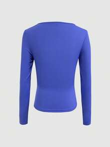 Women's Fashionable Sexy Fitted Lace Trim V-Neck Short Y2K Style Long Sleeve T-Shirt Top - Xanh đậm - Xem 6