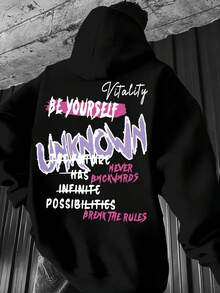 1pc Sudadera casual para hombre con estampado geométrico y frase inspiradora, tejido de punto de poliéster, ligera elasticidad, cuello con capucha, ajuste regular, temporada primavera/otoño - Lo desconocido tiene infinitas posibilidades de diseño. C8HC - Negro - Ver 6