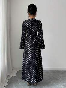 Women's Casual, Elegant, Bohemian-Style Polka Dot Long Dresses With A Conservative Design And Zipper, Suitable For Daily Wear, Commuting, Early Autumn, Autumn And Winter, As Well As Christmas Vacation - Black - View 3