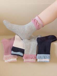 5双儿童可爱休闲拼色荷叶边中筒袜 - 彩色 - 查看 2