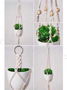 1pc White Woven Hanging Planter Basket, Handmade Cotton Rope Decorative Flower Pot Holder For Home, Farmhouse
