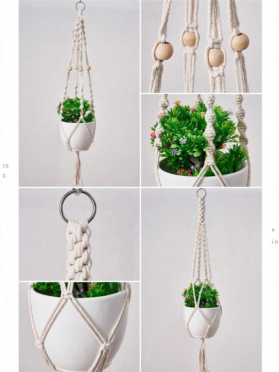 1pc White Woven Hanging Planter Basket, Handmade Cotton Rope Decorative Flower Pot Holder For Home, Farmhouse