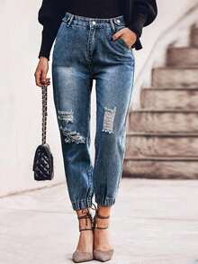 Women's Distressed Jeans - Ripped Denim Pants With Elastic Cuffs And Front Pockets, Casual Street Style Stretch Tapered Ankle Jeans For Women - Medium Wash - View 5