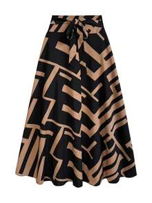 Keke Bloomly 圣诞新款时尚简约几何图案蝴蝶结长裙，束腰百搭女士派对装 - 棕色 - 查看 3