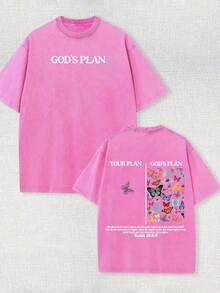 230g Double-Sided Water Wash, Your Plan Is God's Plan Printed T-Shirt, High-Quality Wax Printed Cotton Retro Fashion Brand T-Shirt, Men's T-Shirt, Beach Essential, Summer T-Shirt, Holiday Gift, Perfect Gift - Màu Hồng Tươi - Xem 1