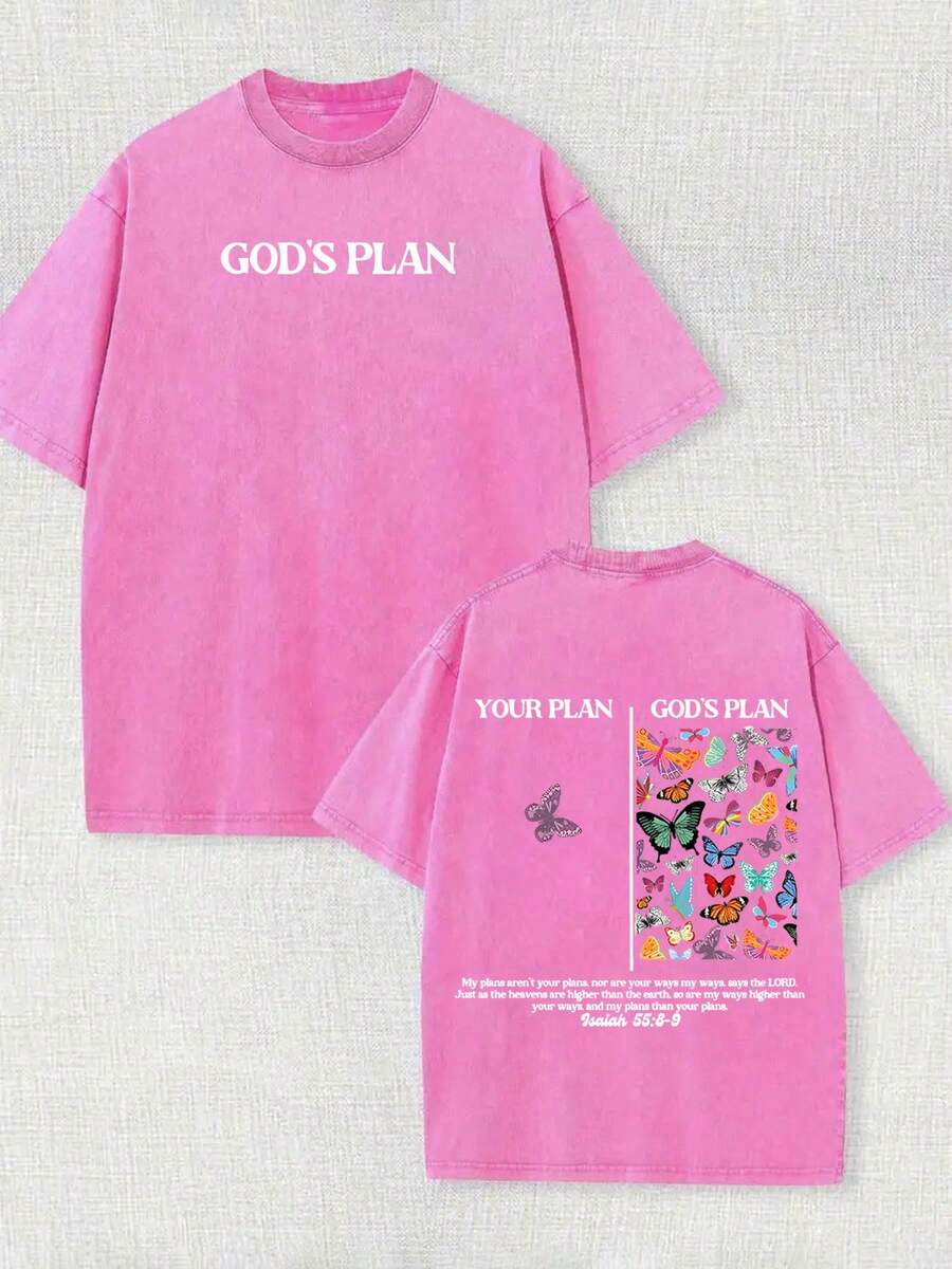 230g Double-Sided Water Wash, Your Plan Is God's Plan Printed T-Shirt, High-Quality Wax Printed Cotton Retro Fashion Brand T-Shirt, Men's T-Shirt, Beach Essential, Summer T-Shirt, Holiday Gift, Perfect Gift - Màu Hồng Tươi - Xem 1