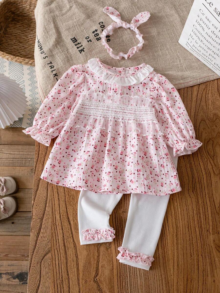 3pcs/Set Baby Girls' Fashionable Princess Dress, Pants And Headband Set, Long Sleeve, Spring/Autumn