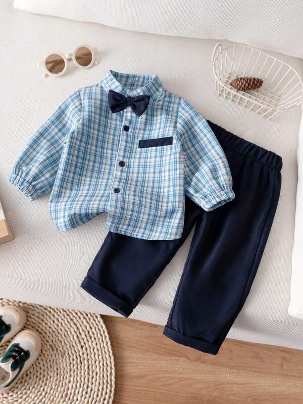 3pcs/Set Baby Boy Gentleman Outfit, Long Sleeve Shirt, Pants And Bow Tie, Fashionable City Style, Suitable For Spring And Autumn