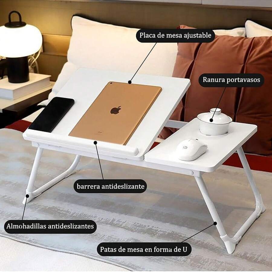Mesa de Noche Plegable, Mesa de sofá para portátil con portavasos, Mesa portátil para portátil y Ranura de inclinación Ajustable en 5 Niveles para Comer, entretenerse, estudiar y Trabajar - blanco cálido - Ver 1