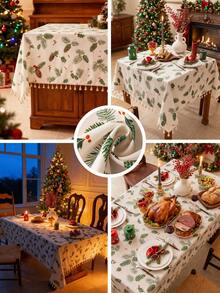 1pc Merry Christmas Rectangular Tablecloth, Green Pine Leaf & Pine Cone Print Pattern, Bamboo Texture, Washable, Suitable For Dining Table, Coffee Table, Nightstand, Cabinet Cover, Home Kitchen, Party, Christmas Decor, Holiday Gift, New Year Decoration - Green - View 3