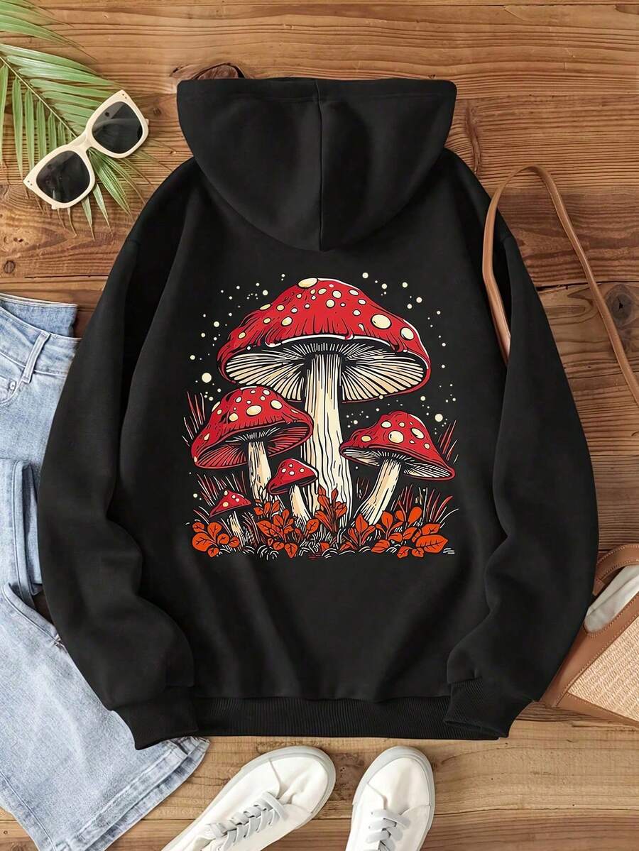 ملابس نسائية للشتاء والخريف، بلوزات هودي مطبوعة، هوديز كاجوال مع جيوب - الأسود - مشاهدة 1