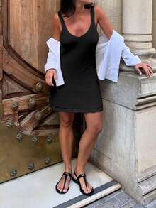 女士休闲无袖纯色轻薄度假罩衫迷你连衣裙沙滩黑色夏季 - 黑色 - 查看 8