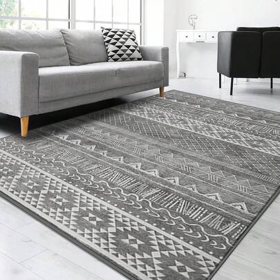  1 块灰色调印花地毯，复古，北欧几何图案，奢华天鹅绒材质，耐磨面料，矩形区域地毯，传统图案细节，防滑易清洁，柔软亲肤，适用于客厅、卧室、艺术空间、家居装饰、门垫、大面积地毯，四季皆宜，室内外均可使用