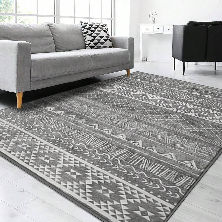 1pc Gray Tone Print Carpet, Retro , Nordic Geometric Pattern, Luxurious Velvet Material, Wear-Resistant Fabric, Rectangular Area Rug, Traditional Pattern Details, Anti-Slip And Easy To Clean, Soft And Skin-Friendly, Suitable For Living Room, Bedroom, Art Space, Home Decor, Doormat, Large Area Carpet, All-Season, Indoor And Outdoor Use - Grey - View 1