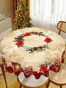 1pc Vintage Christmas Tablecloth, Featuring Poinsettia And Bell Patterns, Round/Rectangular, Polyester Fabric, Christmas Party Decoration, Home Kitchen Dining Table Decor, Christmas Gift - Multicolor - View 2