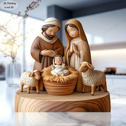 2D平面，非3D！1件手工复古2D木质耶稣诞生场景雕像 - 复古风格墙饰，包含玛利亚、约瑟和小耶稣，宗教家居/办公室装饰，独特的圣诞礼物，办公桌摆件 | 壁挂式雕像 | 精细木工，家居装饰雕像，2D平面