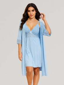 Women's Sensual Nightgown With Bow And Lace Details + Microfiber Robe With Lace PAULA. - 淺藍色 - 查看 3