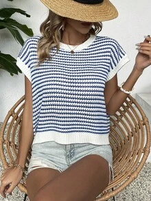优雅女士时尚针织上衣，休闲度假春夏撞色条纹圆领无袖蕾丝针织宽松T恤，女士背心沙滩度假情人节毛衣，女士返校秋冬衬衫，适合圣诞节、感恩节和新年等场合