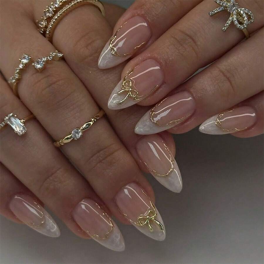 Gold-Rimmed Bow Nails, Almond-Shaped, Sweet And Cute, Whitening Ladies' Nail Tips - XB-107-83 - 查看 1