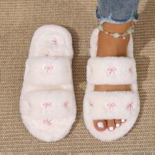 秋冬女士刺绣蝴蝶结家居拖鞋，四季皆宜的毛绒室内拖鞋，平底女士拖鞋，家用地板拖鞋，蓬松拖鞋 - 二條帶白色蝴蝶 - 查看 10