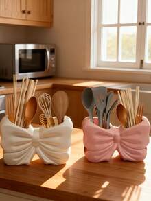 1pc Cute Ceramic Bow-Knot Shaped Utensil Holder, Fashionable Kitchen Utensil Organizer Rack, Can Hold Spoons, Chopsticks, Whisks And Cooking Tools, Modern Decorative Countertop Storage, An Ideal Choice For Home Kitchen Essentials - Multicolor - View 9