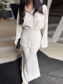 3pcs Women's Unique Collar Single-Breasted Solid Color Shirt Top, Casual Solid Color Button Skirt Set