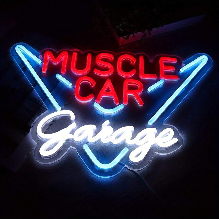 [USB Powered Muscle Car LED Sign] Muscle Car Garage LED Neon Sign - USB Powered, Polished Metal Finish For Man Cave, Bedroom,Live Streaming Room, Room Decor ,Bedroom Decor,Halloween,Christmas Decorations - White+Ice Blue+Red - View 1