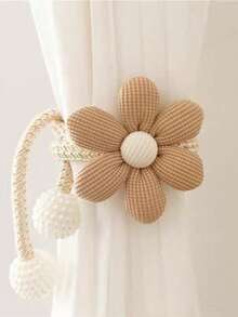 Presilhas de cortina bege/curry com estampa floral 3D e pérolas artificiais - Ajustáveis, sem ilhós, fáceis de pendurar - Poliéster durável para decoração de sala de estar, quarto e escritório, estilo minimalista moderno, design decorativo e charmoso.