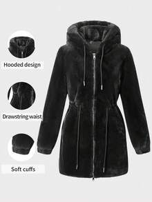 Risissida Damen Jacke mit Kapuze und Tunnelzug in der Taille, Fake-Pelz Warmer Mantel - ideal für lässigen Herbst/Winter Alltag - Schwarz - Übersicht 2