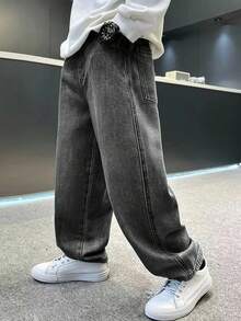 Tween Boy Fashionable Casual Washed Cartoon Embroidered Denim Jeans - Dark Grey - View 2