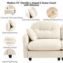 mikibama 74" Chenille Loveseat With Ottoman,Modern Modular Sectional L-Shaped 2 Seater Cloud Sofa With Deep Seat,L Shape Couch With Chaise Lounge Curved Arms For Living Room,Small Spaces,Beige - Beige Loveseat +1 Ottoman - 查看 3