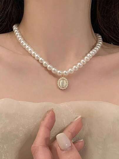 1pc Minimalist Design Elegant Faux Pearl Rhinestone Cat Eye Bead Chain Necklace, Versatile For Women Daily Wear, Formal Event, Gift Idea For Girlfriend, Best Friend, Birthday