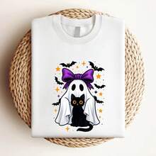 180g pure Cotton Spooky Ghost Holding Black Cat Cute Bats Halloween Goth T-Shirt Stylish T-Shirt For Women Casual designer clothes Summer women Slightly Print Round Neck Short Sleeve Top For Everyday Wear streetwear Versatile Casual female graphic Unisex Comfortable - Blanco - Ver 4