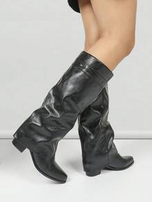 Women's Autumn/Winter Embellished Ankle Boots, Women's Vintage Casual Pleated Low Heel Tall Boots, Commute & Street Style Over-The-Knee Boots, Versatile To Pair With Skirts, Leather Pants, Coats, Knits