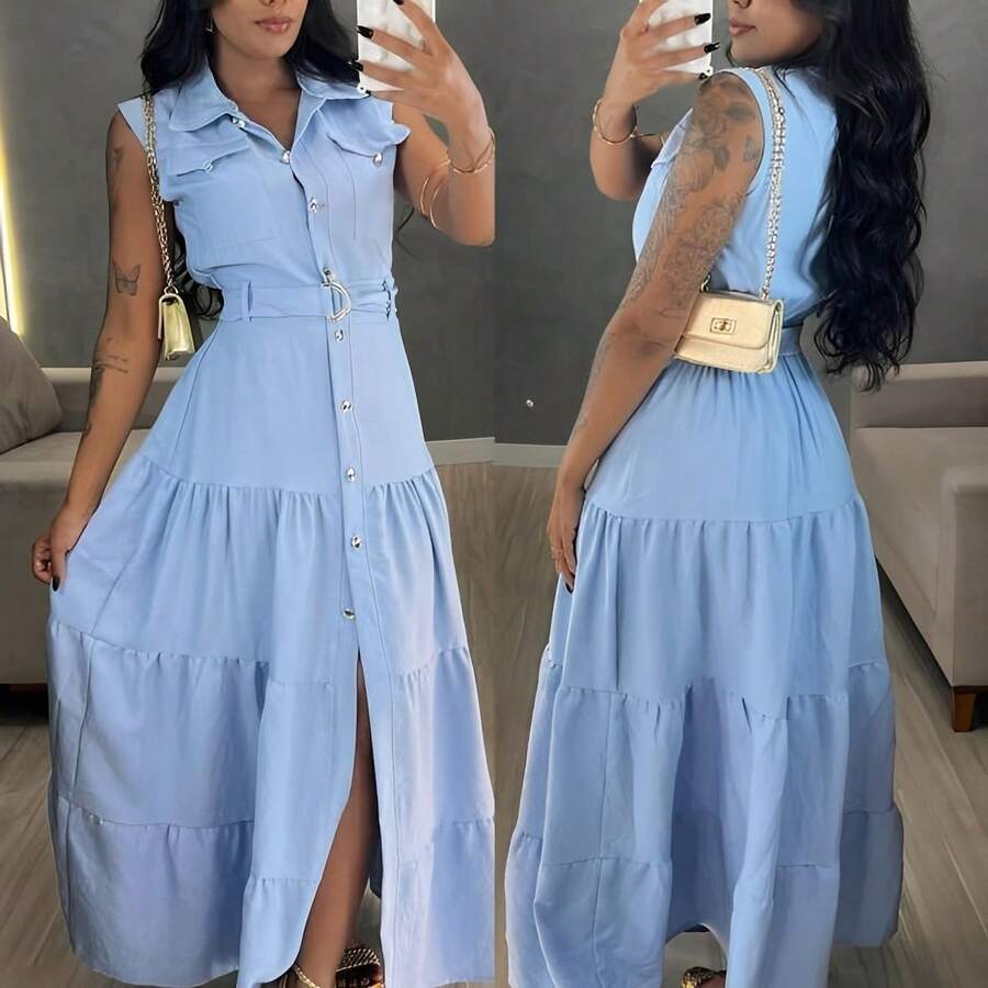 Long Chemise Dress With Buttons And Sash Belt – Elegant And Modern - 淺藍色 - 查看 1