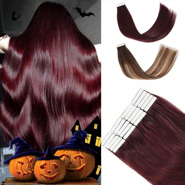 Burgundy Tape In Extensions Human Hair Seamless Hair Extensions Tape In Wine Red Glue In Human Hair Extensions Real Human Hair #99J 20pcs 50g Halloween Costumes