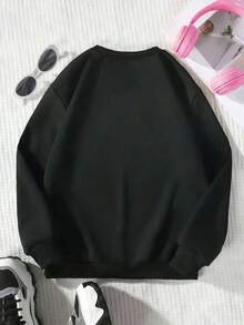 Felpa con stampa di un disegno semplice di una testa di cavallo che bacia una ragazza, per ragazzi/ragazze, con spalle scese, vestibilità comoda, casual, versatile, sportiva, stile college, per bambini, oversize, top a maniche lunghe - nero - Visualizzare 2