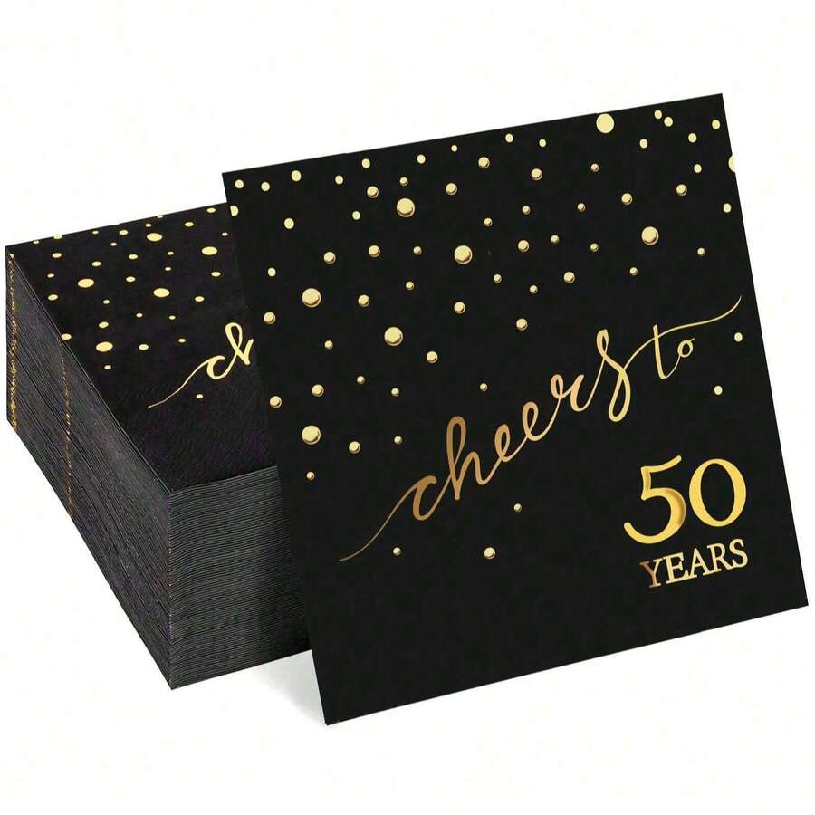 20pcs/40pcs/60pcs,50th Birthday Napkins, Celebrate Cheers To 50 Years Cocktail Party Napkins, 6.5x6.5 Inch, For Birthday Decorations, Wedding Anniversary, Black And Gold, 2 Ply Halloween Table Decorations - Black 50 - View 1
