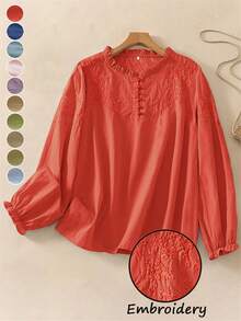 Women's Embroidered Loose Retro Long Sleeve Blouse Top, Suitable For Autumn - Red - View 9