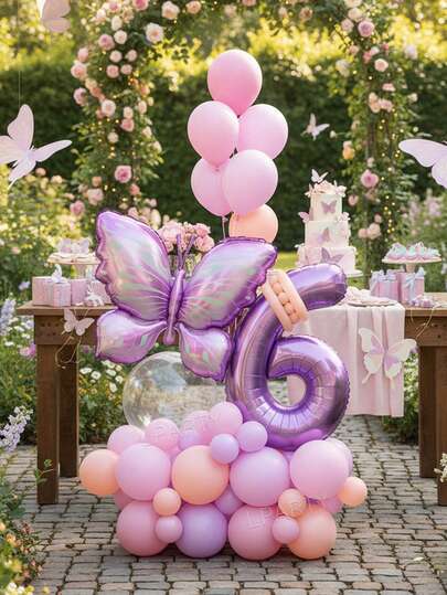 42pcs Butterfly Theme Birthday Party Decoration Balloon Set, 32-Inch (Approx. 80cm Height) Purple Number 0-9 Birthday Party Decoration Balloons, Giant Purple Butterfly Foil Balloons, 18-Inch Clear Balloons, Macaron Purple, Macaron Pink, Macaron Orange Latex Balloons, Suitable For Baby Shower Decorations