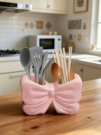 1pc Cute Ceramic Bow-Knot Shaped Utensil Holder, Fashionable Kitchen Utensil Organizer Rack, Can Hold Spoons, Chopsticks, Whisks And Cooking Tools, Modern Decorative Countertop Storage, An Ideal Choice For Home Kitchen Essentials
