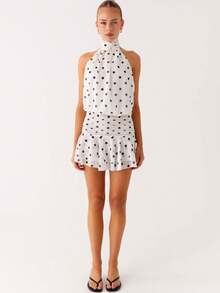 Women's 2026 Halter Dress Polka Dot Print Sleeveless Open Back Ruffle Tiered Layered Chiffon Pleated A Line Swing Mini Dress - trắng - Xem 3