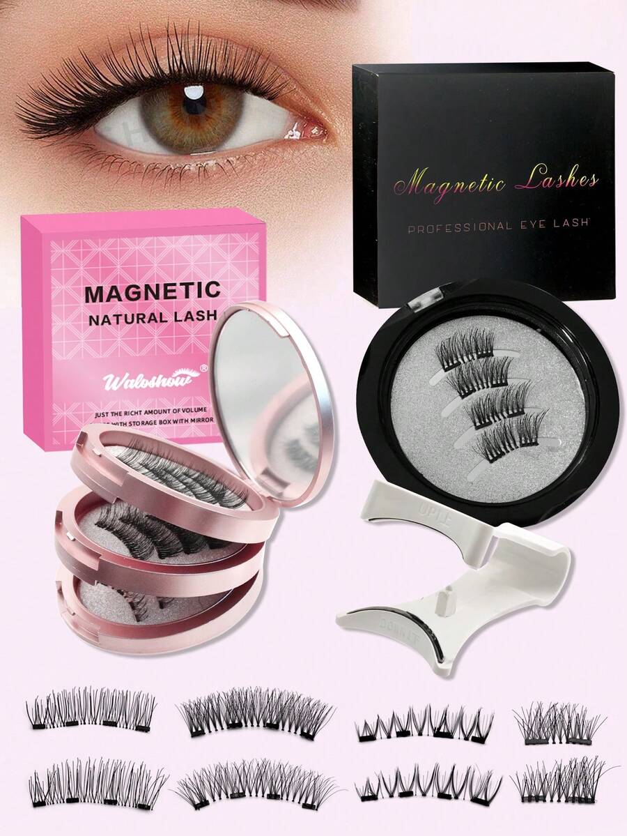 Waloshow 4 Pairs CC Curl Magnetic Eyeliner & Magnetic Eyelash Kit With With Magnetic Clips,Mixed Style,Glue Free,Natural Looking Reusable False Eyelashes, 7-12mm Faux Mink Lashes For Everyday Wear, Waterproof,Comic Eyelash, Elongated Eye Tail Enlarges Both Eyes,Fluffy Slim For Everyday Use Manga Eyelashes, Summer Travel Essentials 2025,Beach Vacation, Camping Trip - 自然纖長款 - 查看 1