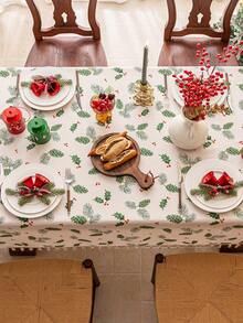 1pc Merry Christmas Rectangular Tablecloth, Green Pine Leaf & Pine Cone Print Pattern, Bamboo Texture, Washable, Suitable For Dining Table, Coffee Table, Nightstand, Cabinet Cover, Home Kitchen, Party, Christmas Decor, Holiday Gift, New Year Decoration - Green - View 21