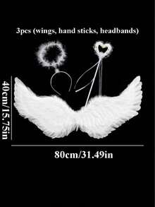 3 件套天使翅膀套装，适用于万圣节、光环头带和带羽毛翅膀的魔杖、女孩仙女服装装扮、圣诞派对照片道具 - 白色 - 查看 9