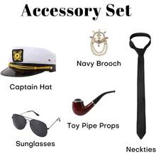 Yacht Captain Sailor Costume Men, 7PCS Cruise Accessories With Captain Hat Nautical Theme Party Halloween - Cực lớn - Xem 3