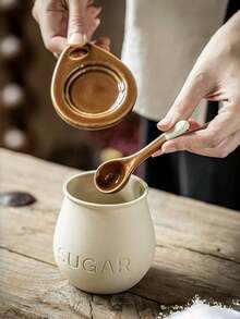 1pc Ceramic Seasoning Jar With Lid And Spoon, Household Kitchen Salt Jar, Sugar Jar, Coffee Bean, Tea Leaf Storage Canister - Beige - View 6