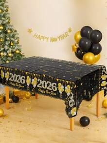 1pc Black Golden New Year Tablecloth, Happy New Year 2026 Celebration Table Cover,Fireworks Balloon Diamond Pattern Disposable Plastic Tablecloth For New Year Party Decor,Kitchen Dining Room Table Decor,Indoor/Outdoor Decor,New Year Eve Event Party Supplies,Perfect For New Year Photo Booth Party Background Decoration Party Decorations Supplies Home Decor,New Year's Eve Decoration