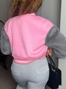 LovelyWholesale Giacca invernale da donna casual, con colletto da baseball, in stile teddy patchwork, a maniche lunghe, con bottoni a forma di lettera e righe